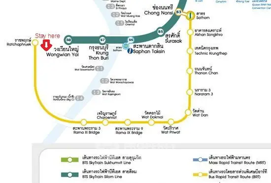 Bangkok transit map highlighting Wongwian Yai station, ideal for real estate proximity.