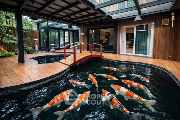 Luxurious home with stunning koi pond and elegant wooden bridge in serene outdoor setting.
