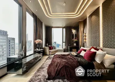 Luxurious modern bedroom with stunning city view and elegant decor