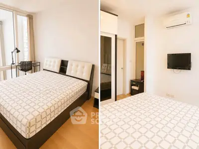 Spacious bedroom with modern furnishings and large windows for natural light.