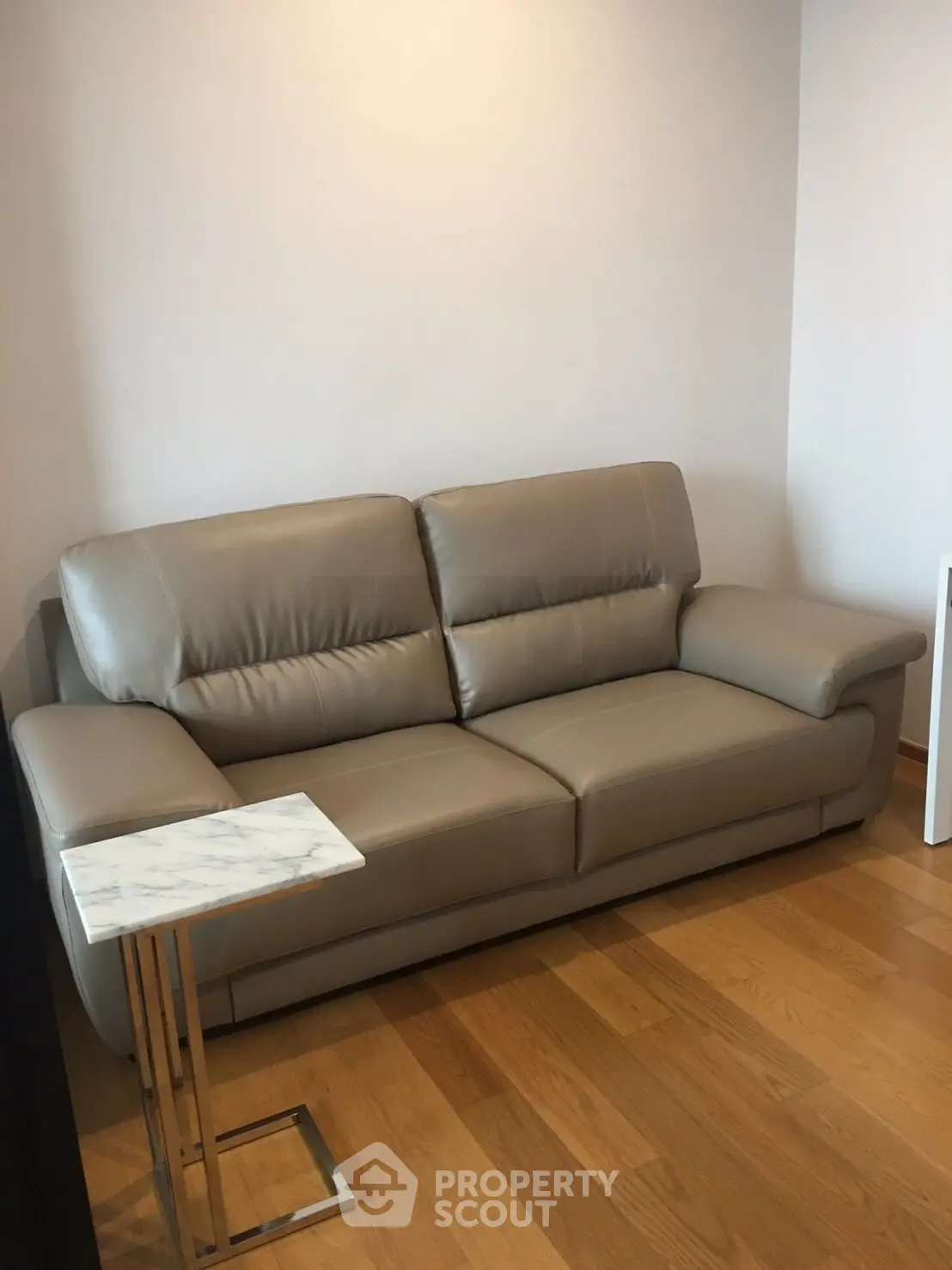 Modern living room with sleek leather sofa and elegant side table on wooden flooring.