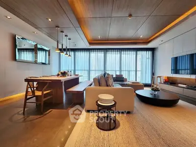 Luxurious modern living room with elegant wooden ceiling and stylish furniture