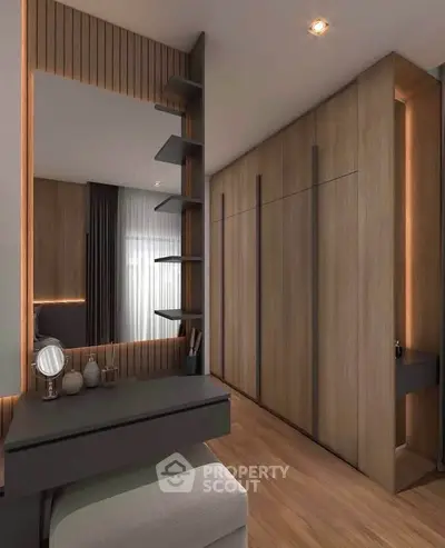 Elegant bedroom with modern wooden wardrobe and stylish vanity area