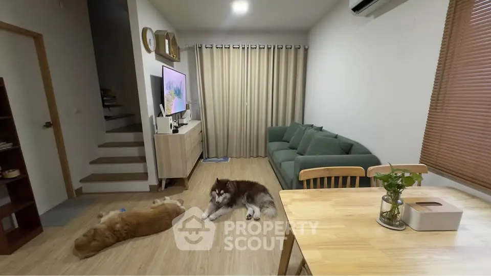 Cozy living room with green sofa and wooden dining table, perfect for relaxation and entertainment.