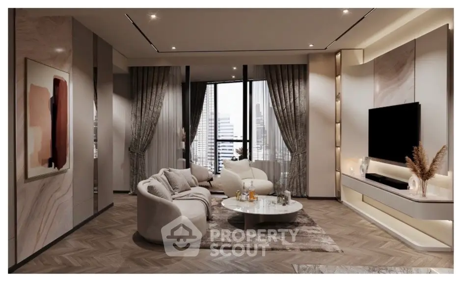 Luxurious modern living room with elegant decor and city view