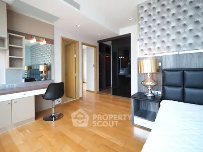 Luxurious modern bedroom with elegant decor and hardwood flooring