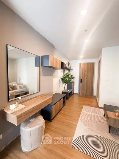 Modern living room with stylish wooden furniture and decorative elements