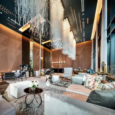 Luxurious modern living room with stunning chandelier and elegant decor