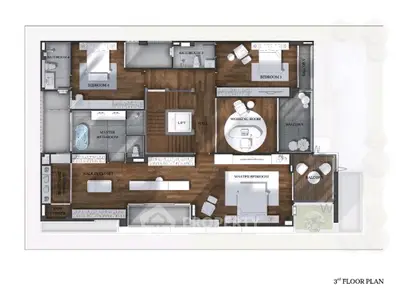 Luxurious 3rd floor plan showcasing spacious bedrooms, modern kitchen, and elegant living spaces.