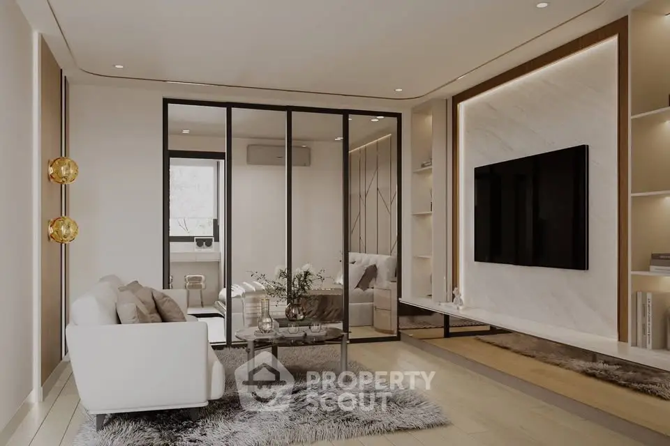 Luxurious modern living room with glass partition and elegant decor