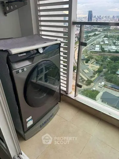 Modern balcony with Samsung washing machine and stunning city view