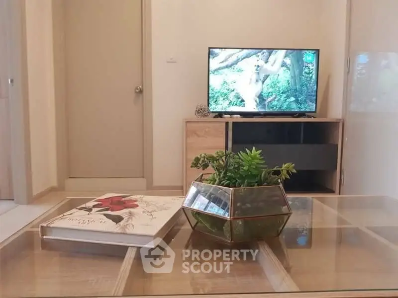 Modern living room with stylish decor and TV setup
