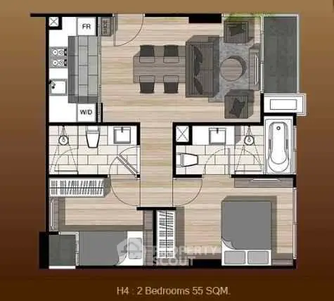 Modern 2-bedroom apartment floor plan with open living area and two bathrooms, 55 sqm layout.