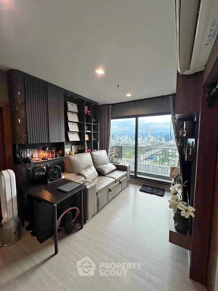 Modern living room with stunning city view and stylish decor