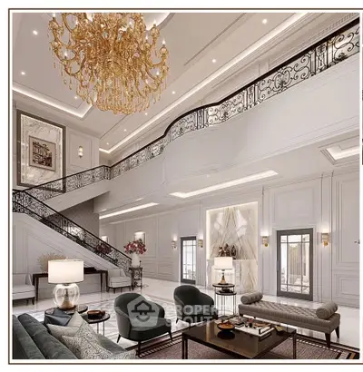Luxurious grand living room with elegant chandelier and stylish decor