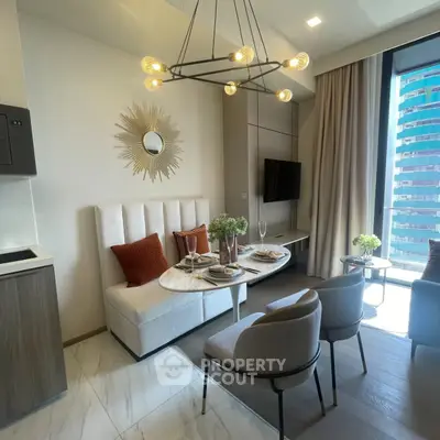 Modern living room with elegant dining area and large window view in luxury apartment.