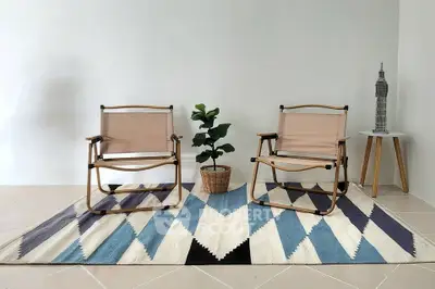 Stylish minimalist living area with modern chairs and geometric rug
