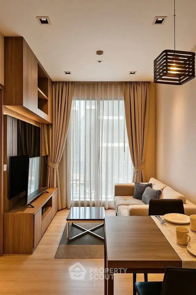 Modern living room with stylish decor and large window offering natural light