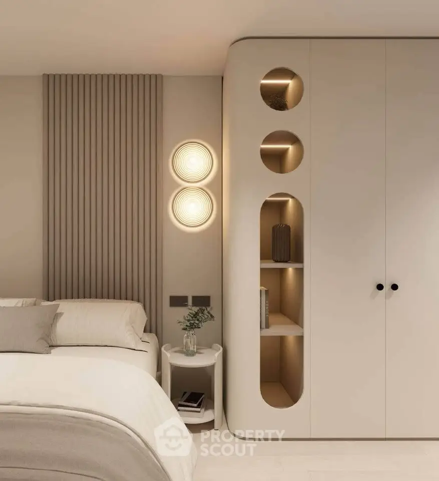Modern bedroom with stylish built-in storage and elegant lighting