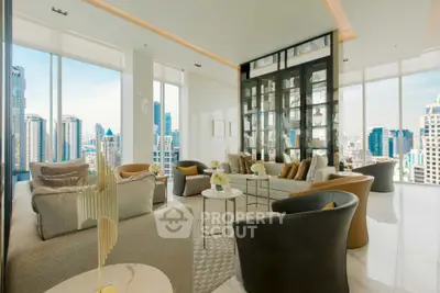 Luxurious high-rise living room with stunning city views and elegant modern decor.