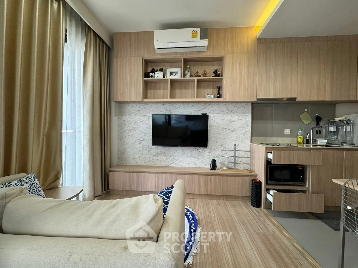 Modern living room with stylish wood paneling and built-in TV unit