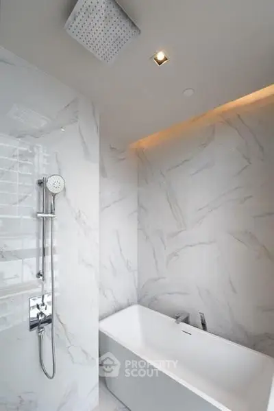 Luxurious bathroom with elegant marble tiles and modern fixtures