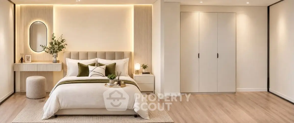 Luxurious modern bedroom with elegant decor and ambient lighting, featuring a stylish bed and spacious wardrobe.