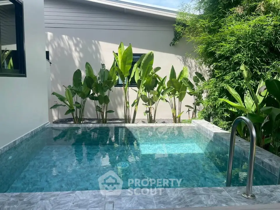 Luxurious private pool surrounded by lush greenery in a modern villa setting.