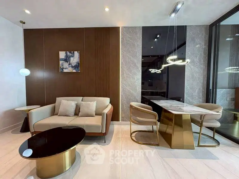 Luxurious modern living room with elegant dining area and stylish lighting