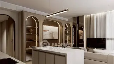 Luxurious modern living room with elegant decor and ambient lighting