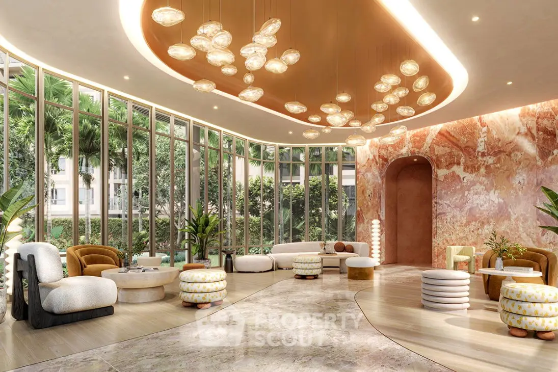 Luxurious modern living room with elegant lighting and garden view, featuring stylish furniture and marble flooring.