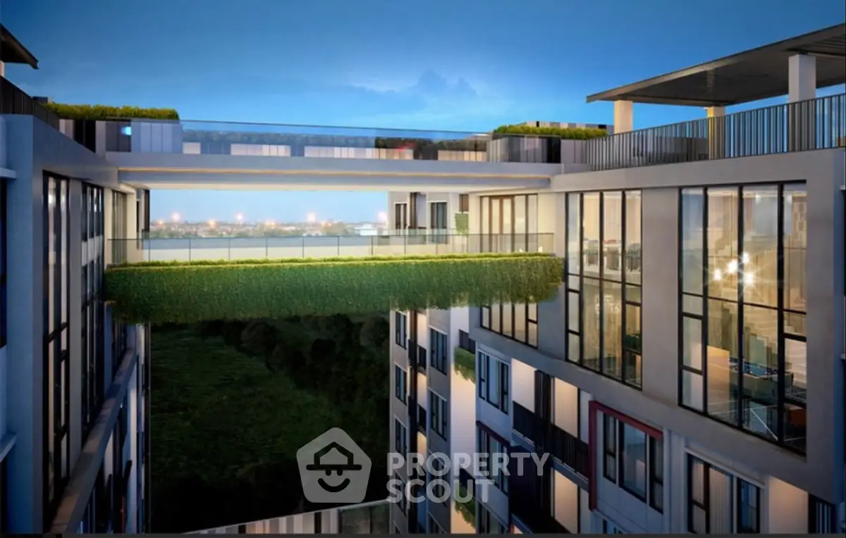 Stunning modern building with lush greenery and expansive city views.