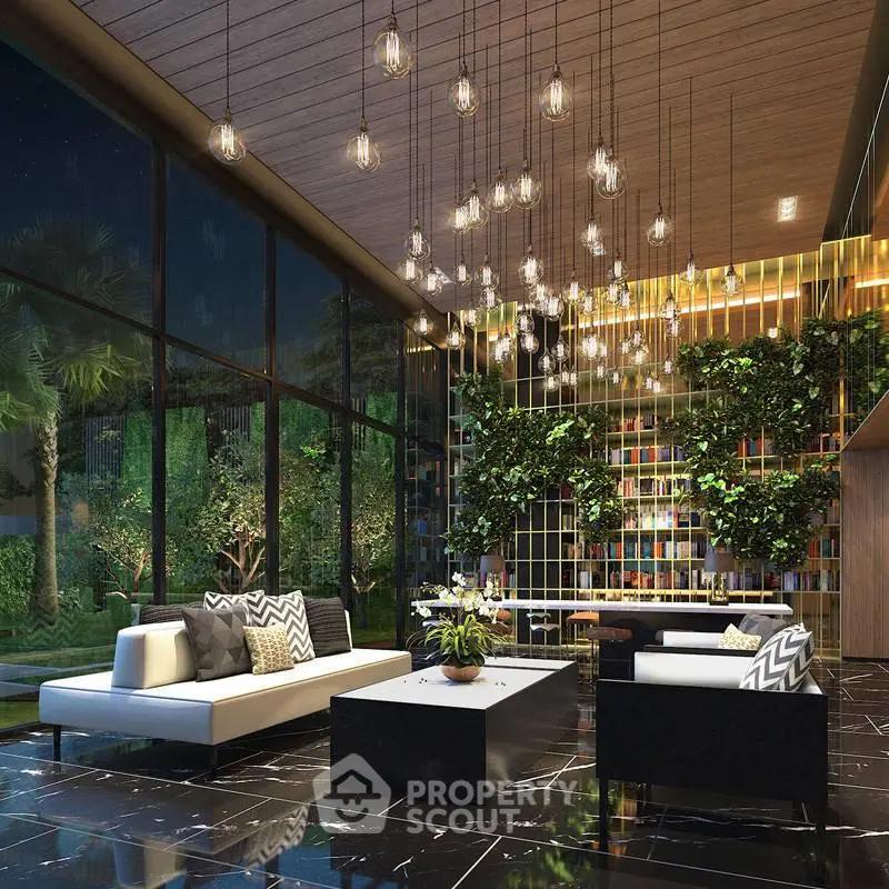Luxurious modern living room with floor-to-ceiling windows and elegant lighting