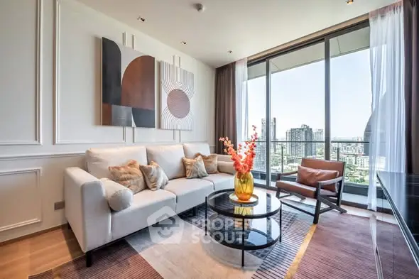 Modern living room with stylish decor and city view balcony.