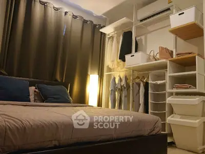 Cozy bedroom with modern open closet and ambient lighting