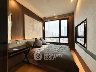 Modern bedroom with city view, stylish decor, and cozy ambiance.