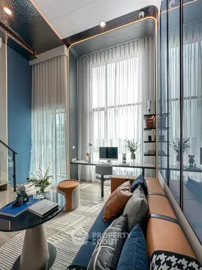 Luxurious modern living room with high ceilings and stylish decor
