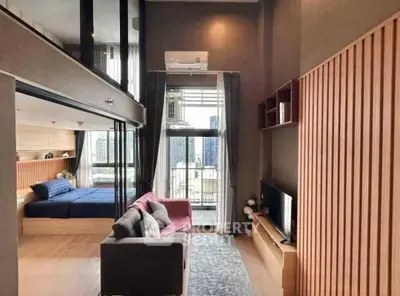 Modern loft apartment with mezzanine bedroom and stylish living area, featuring large windows and city view.