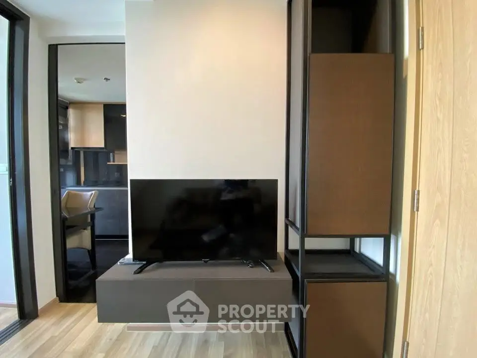 Modern living room with sleek TV setup and stylish decor