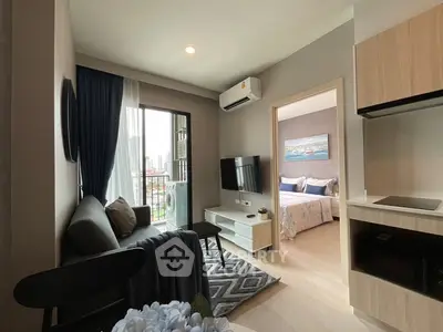 Modern apartment living room with balcony view and stylish decor