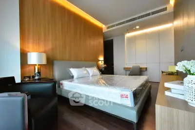 Luxurious modern bedroom with elegant wooden accents and ambient lighting