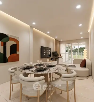 Modern living room with stylish dining area and large windows offering natural light.