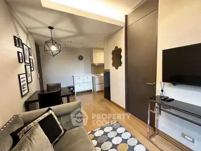 Modern living room with stylish decor and open kitchen layout