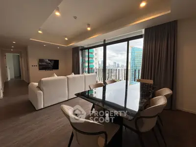 Luxurious modern living room with city view, elegant dining area, and stylish furniture in high-rise apartment.