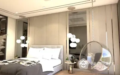 Modern bedroom with a stylish hanging bubble chair, plush bedding, and elegant pendant lights, offering a chic and cozy urban living experience.