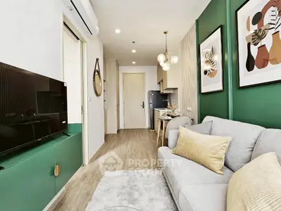 Modern living room with stylish decor and open kitchen layout