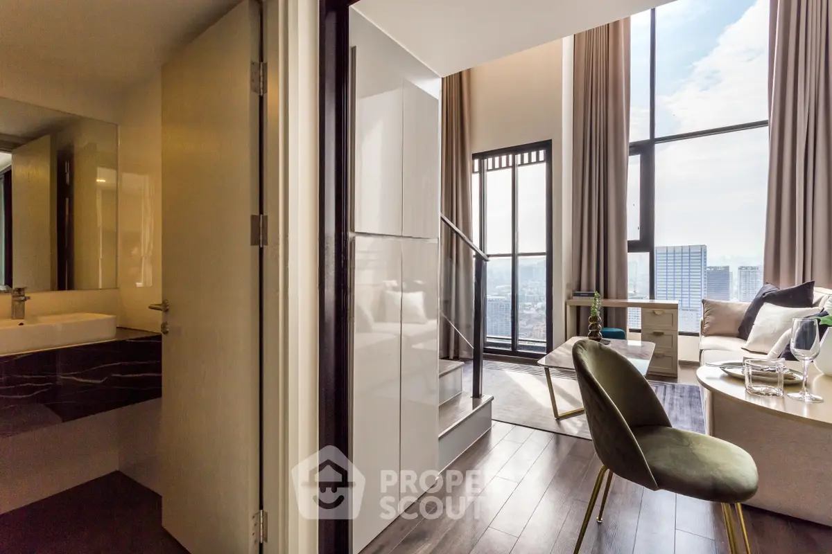 Luxurious high-rise apartment with stunning city view, modern interior design, and spacious living area.