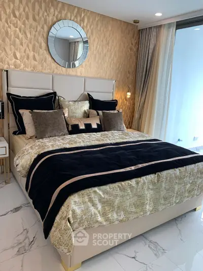 Luxurious bedroom with elegant decor and plush bedding in modern apartment