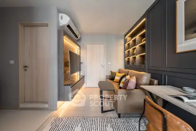 Modern living room with stylish lighting and cozy seating area