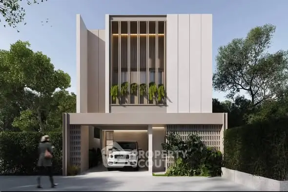 Modern architectural home with sleek facade and lush greenery, featuring a spacious carport and elegant design.